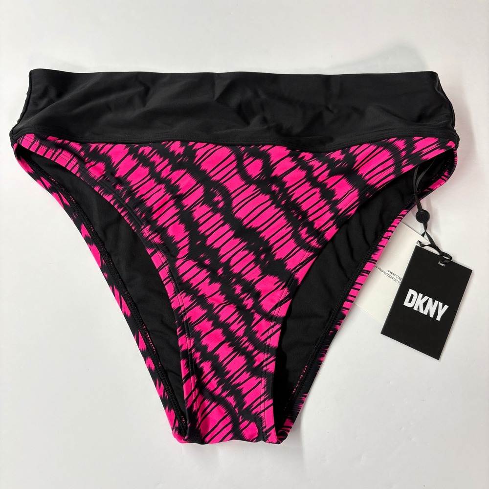 DKNY Womens Bikini Bottoms L Pink Black High Waist Abstract Tiger Print NEW